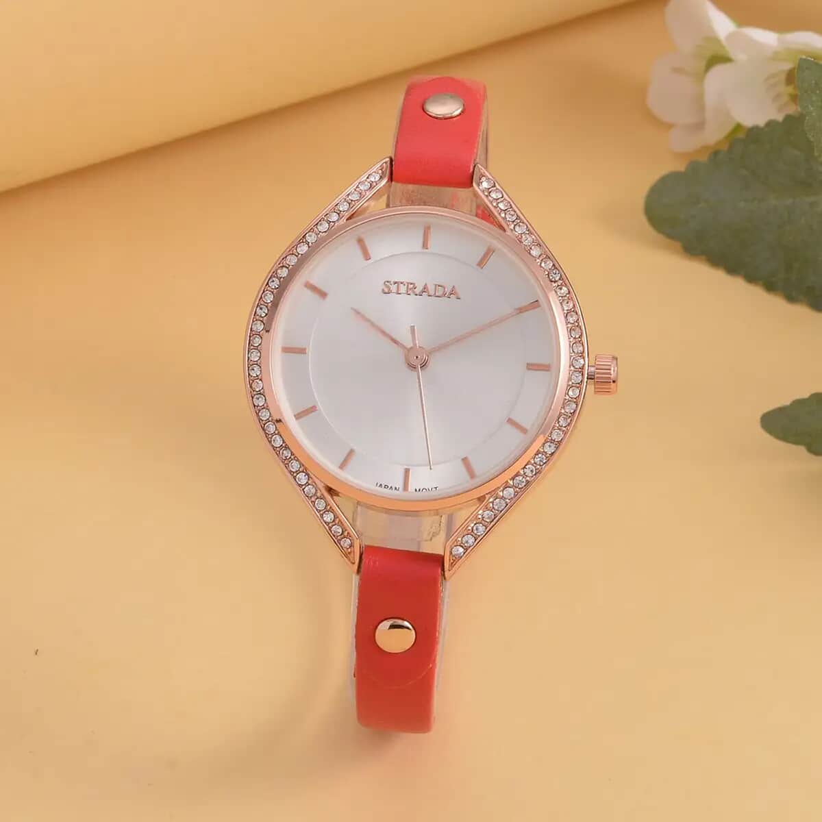 Strada Japanese Movement White Austrian Crystal Watch with Red Faux Leather Strap (6.00-7.50 Inches) image number 1