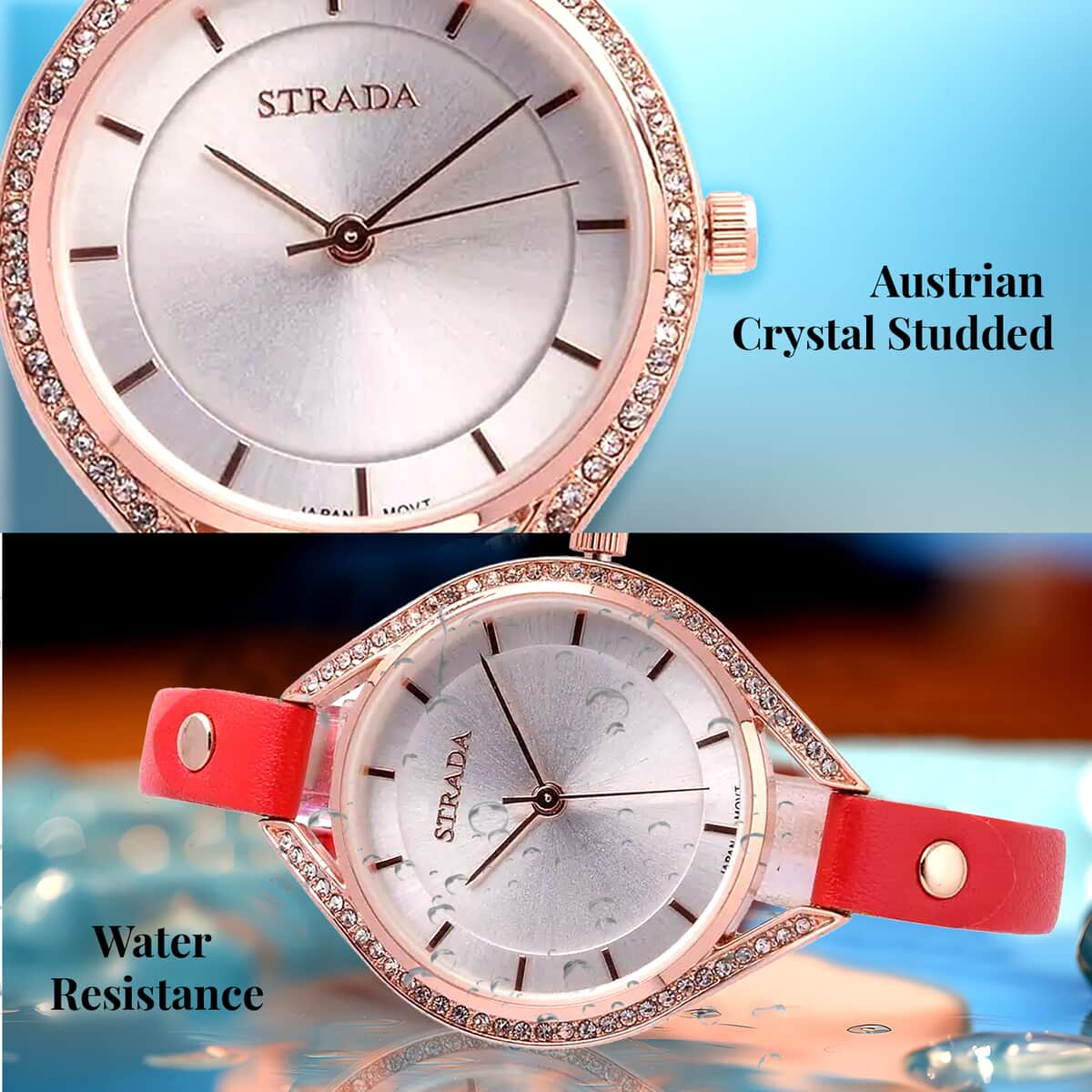 Strada Japanese Movement White Austrian Crystal Watch with Red Faux Leather Strap (6.00-7.50 Inches) image number 3