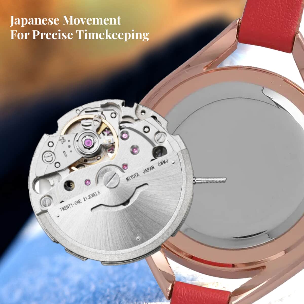 Strada Japanese Movement White Austrian Crystal Watch with Red Faux Leather Strap (6.00-7.50 Inches) image number 4