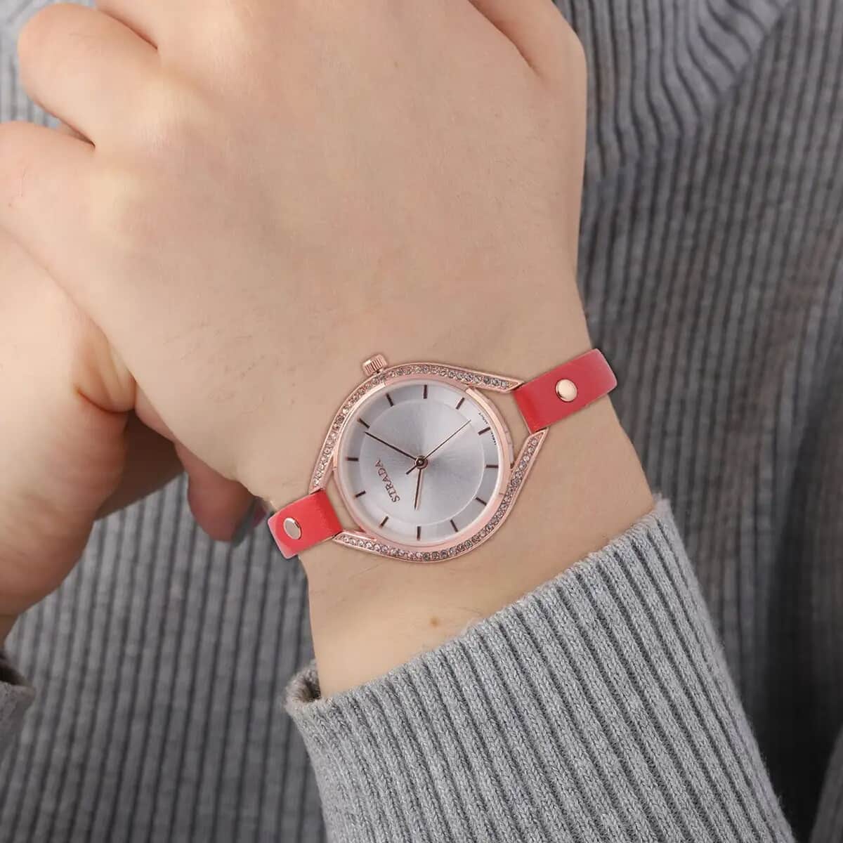 Strada Japanese Movement White Austrian Crystal Watch with Red Faux Leather Strap (6.00-7.50 Inches) image number 5