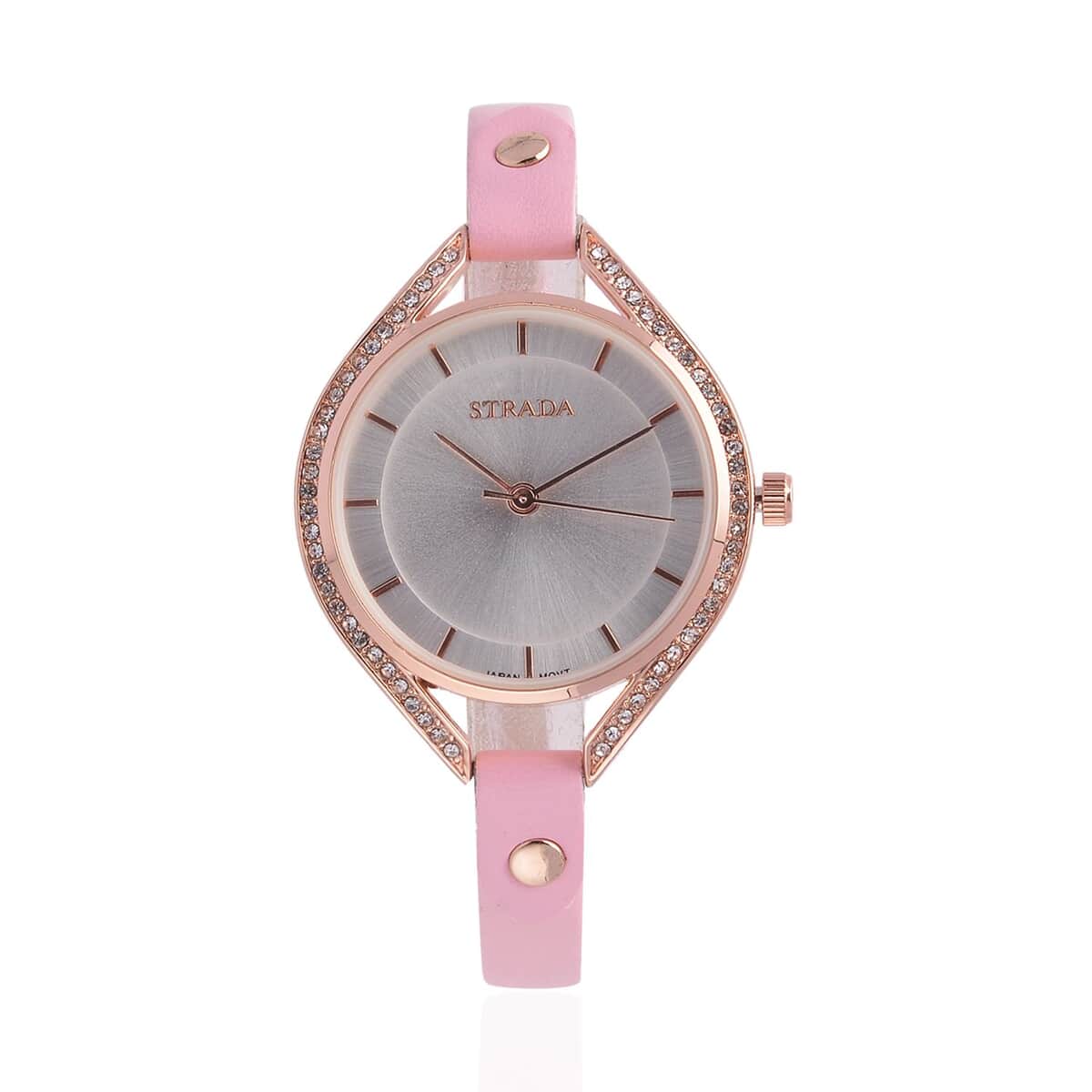 Strada Japanese Movement White Austrian Crystal Watch with Pink Faux Leather Strap (6.00-7.50 Inches) image number 0