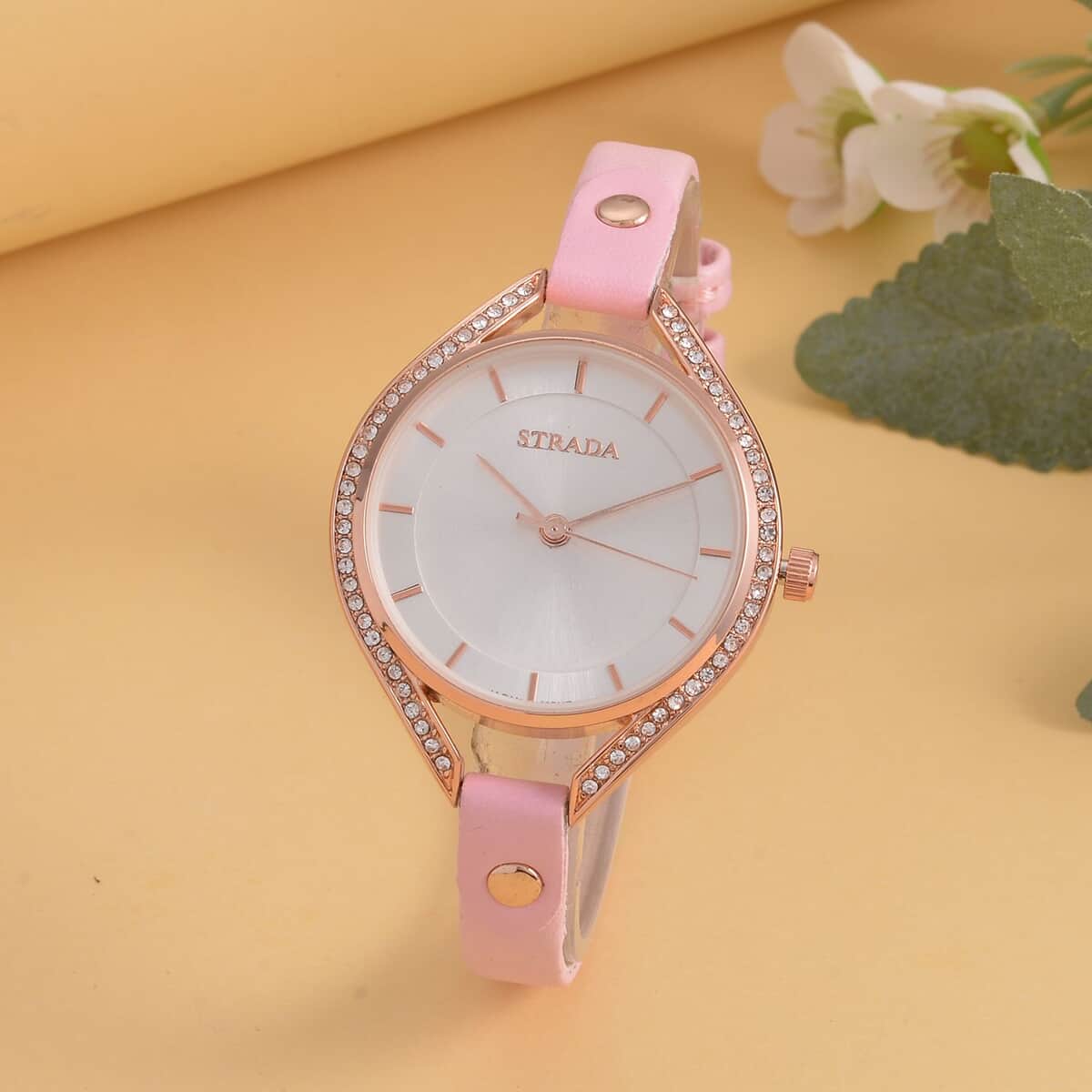 Strada Japanese Movement White Austrian Crystal Watch with Pink Faux Leather Strap (6.00-7.50 Inches) image number 1