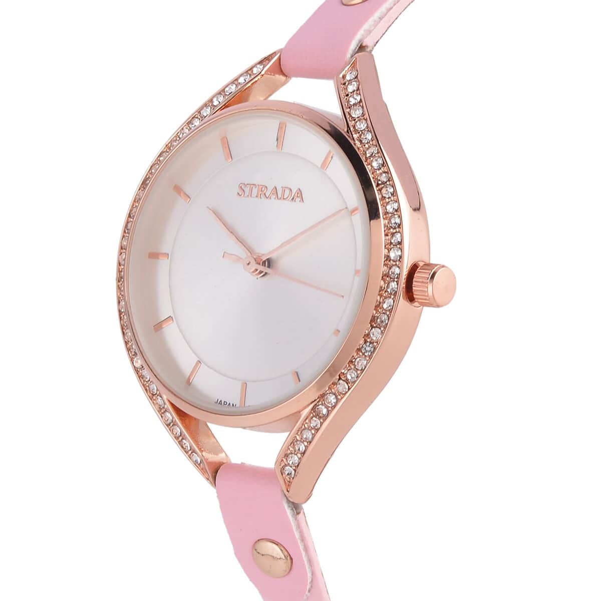 Strada Japanese Movement White Austrian Crystal Watch with Pink Faux Leather Strap (6.00-7.50 Inches) image number 3