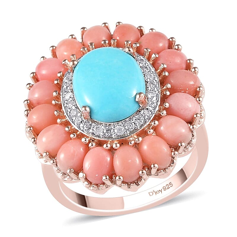 Premium Sleeping Beauty Turquoise, Oregon Peach Opal and Zircon Cocktail Ring in Vermeil RG Over Sterling Silver (Size 10.0) 4.25 ctw