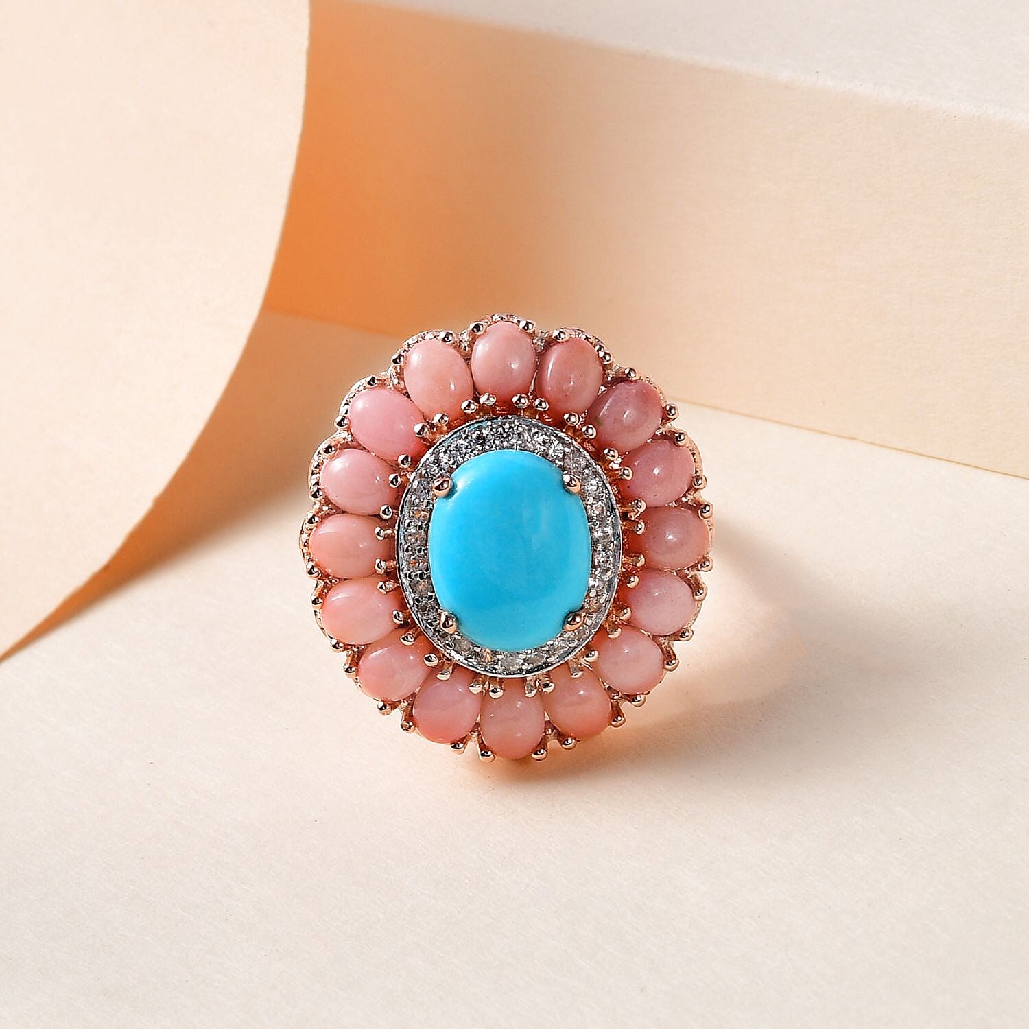 Premium Sleeping Beauty Turquoise, Oregon Peach Opal and Zircon Cocktail Ring in Vermeil RG Over Sterling Silver (Size 10.0) 4.25 ctw