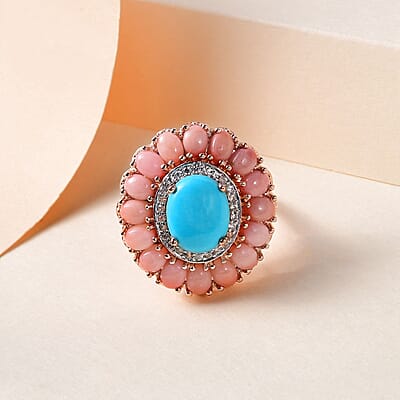 Premium Sleeping Beauty Turquoise, Oregon Peach Opal and Zircon Cocktail Ring in Vermeil RG Over Sterling Silver (Size 10.0) 4.25 ctw