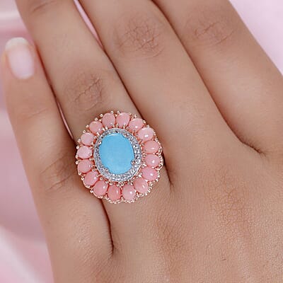 Premium Sleeping Beauty Turquoise, Oregon Peach Opal and Zircon Cocktail Ring in Vermeil RG Over Sterling Silver (Size 10.0) 4.25 ctw