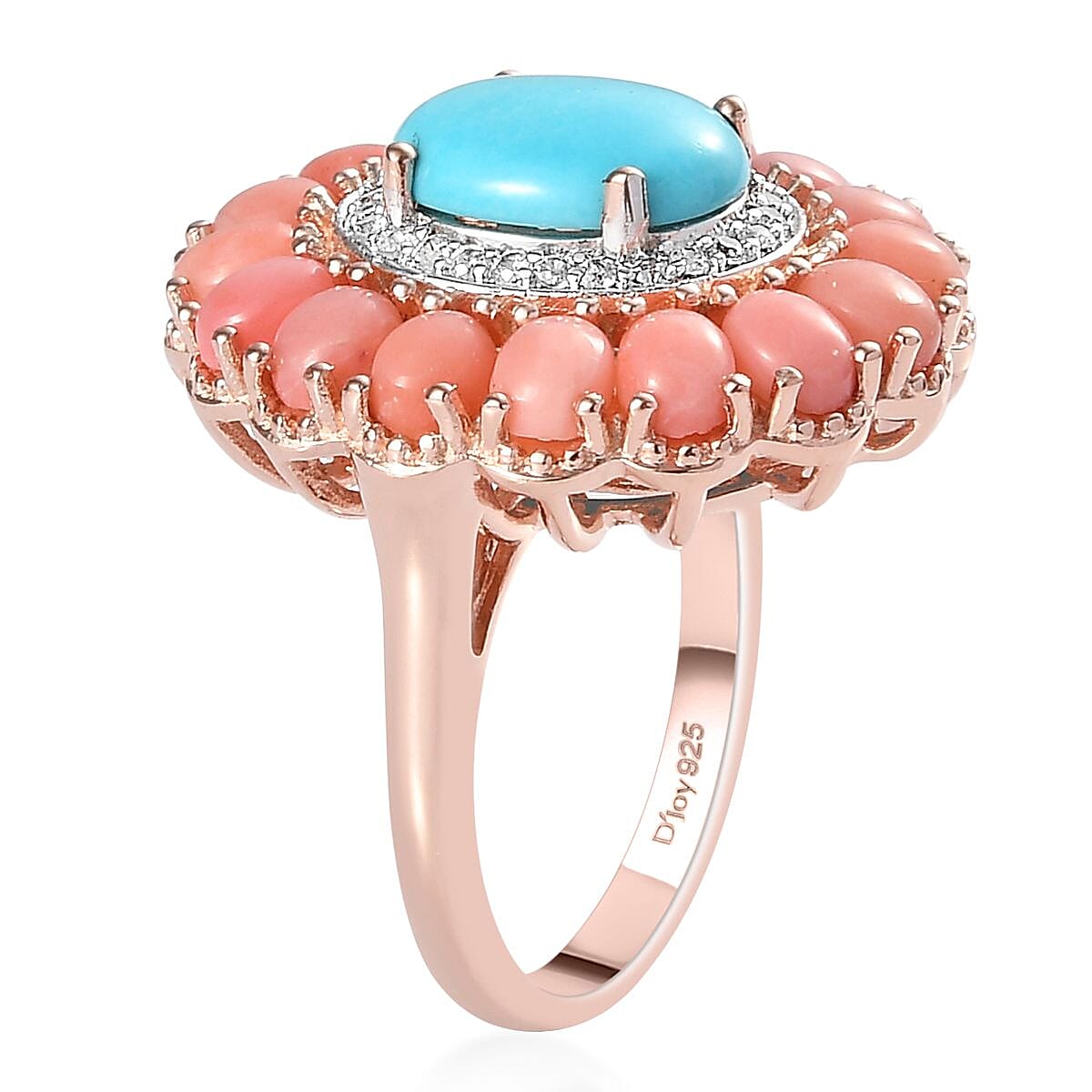 Premium Sleeping Beauty Turquoise, Oregon Peach Opal and Zircon Cocktail Ring in Vermeil RG Over Sterling Silver (Size 10.0) 4.25 ctw