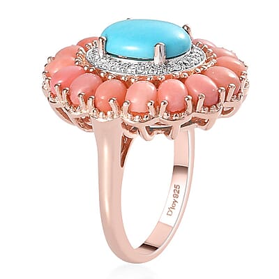 Premium Sleeping Beauty Turquoise, Oregon Peach Opal and Zircon Cocktail Ring in Vermeil RG Over Sterling Silver (Size 10.0) 4.25 ctw