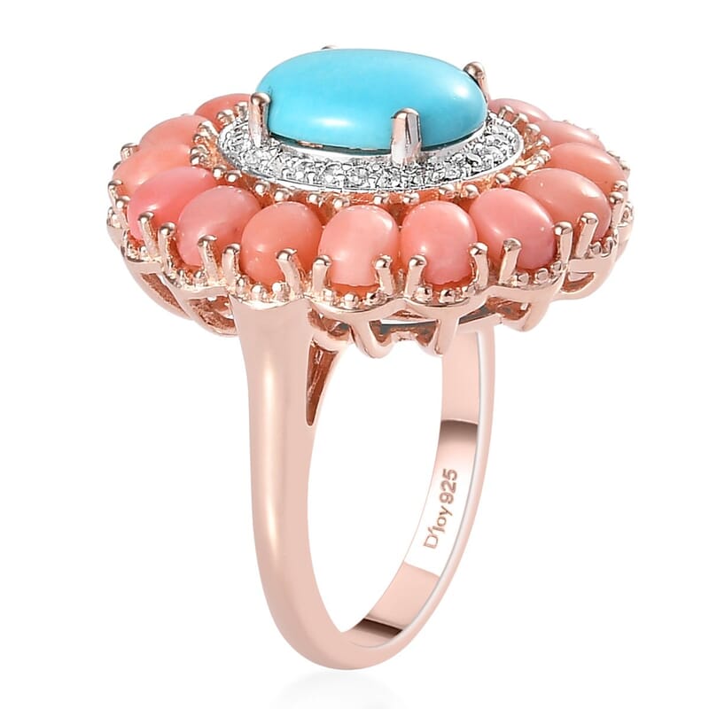 Premium Sleeping Beauty Turquoise, Oregon Peach Opal and Zircon Cocktail Ring in Vermeil RG Over Sterling Silver (Size 10.0) 4.25 ctw