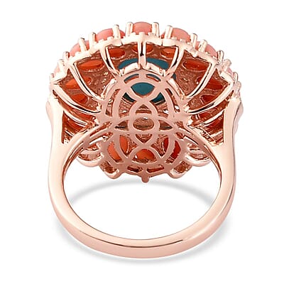 Premium Sleeping Beauty Turquoise, Oregon Peach Opal and Zircon Cocktail Ring in Vermeil RG Over Sterling Silver (Size 10.0) 4.25 ctw