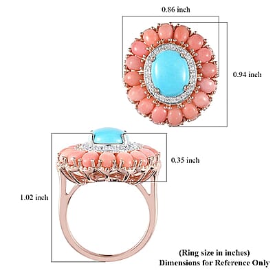 Premium Sleeping Beauty Turquoise, Oregon Peach Opal and Zircon Cocktail Ring in Vermeil RG Over Sterling Silver (Size 10.0) 4.25 ctw