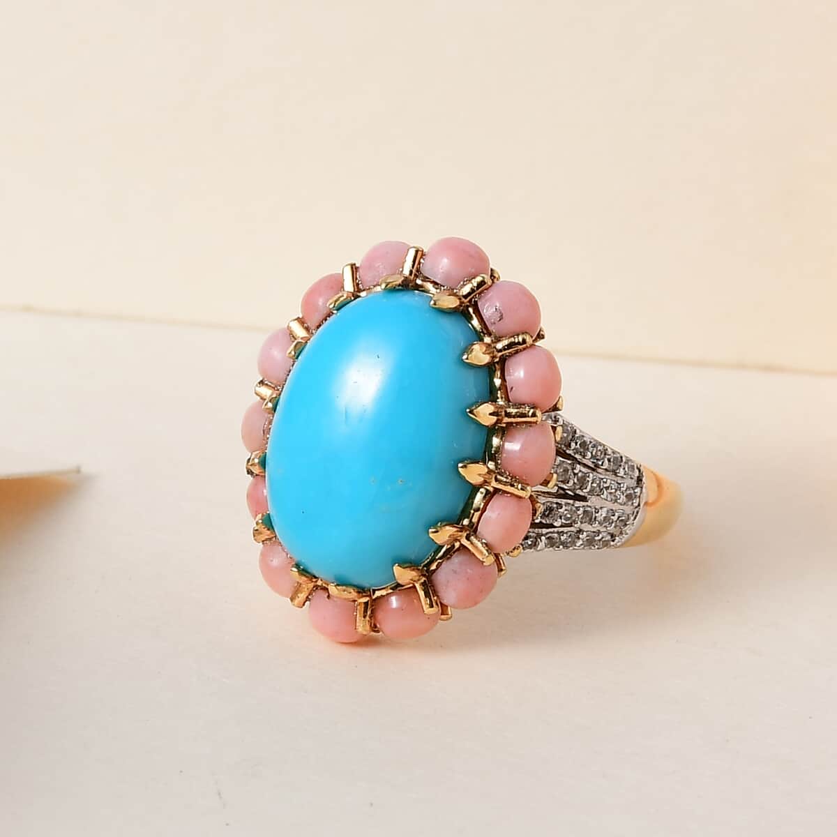 AMERICAN Natural Sleeping Beauty Turquoise and Multi Gemstone Floral Ring in Vermeil Yellow Gold Over Sterling Silver 6.00 ctw image number 1