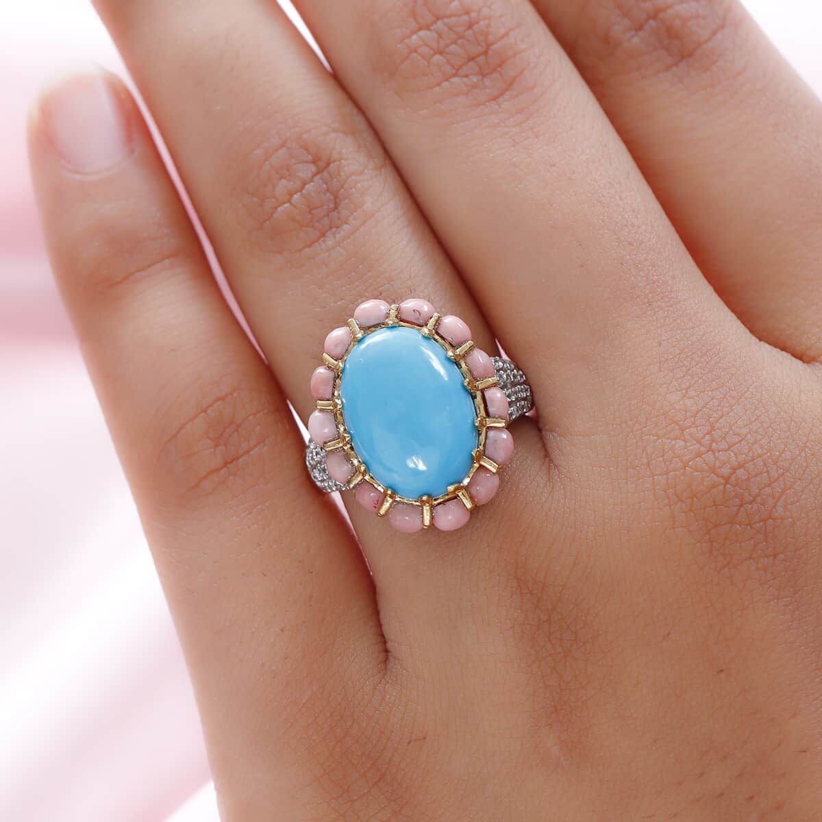 AMERICAN Natural Sleeping Beauty Turquoise and Multi Gemstone Floral Ring in Vermeil Yellow Gold Over Sterling Silver 6.00 ctw image number 2