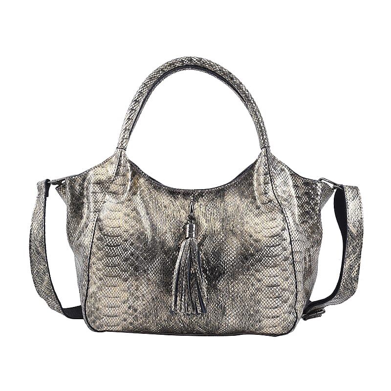 Gold and Black Snake Print Genuine Leather Hobo Bag with Detachable Shoulder Strap and Handle Drop