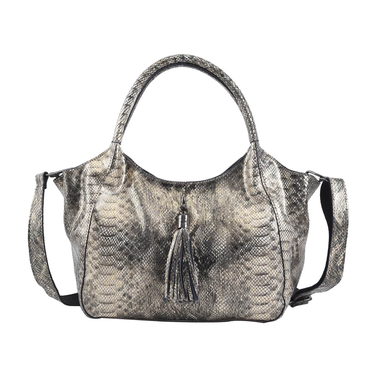 Gold and Black Snake Print Genuine Leather Hobo Bag with Detachable Shoulder Strap and Handle Drop image number 0