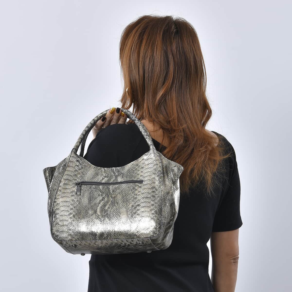 Gold and Black Snake Print Genuine Leather Hobo Bag with Detachable Shoulder Strap and Handle Drop image number 2