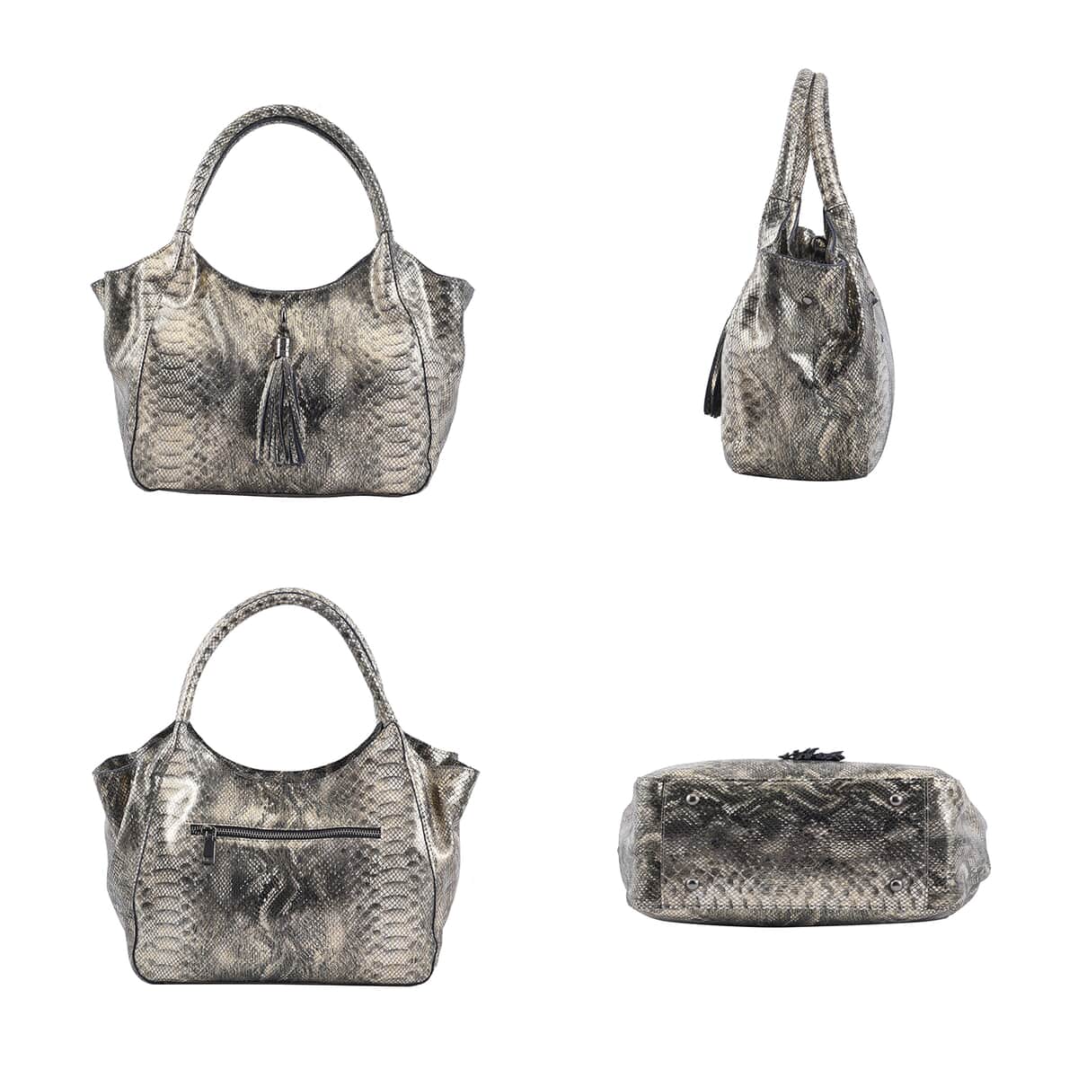 Gold and Black Snake Print Genuine Leather Hobo Bag with Detachable Shoulder Strap and Handle Drop image number 3