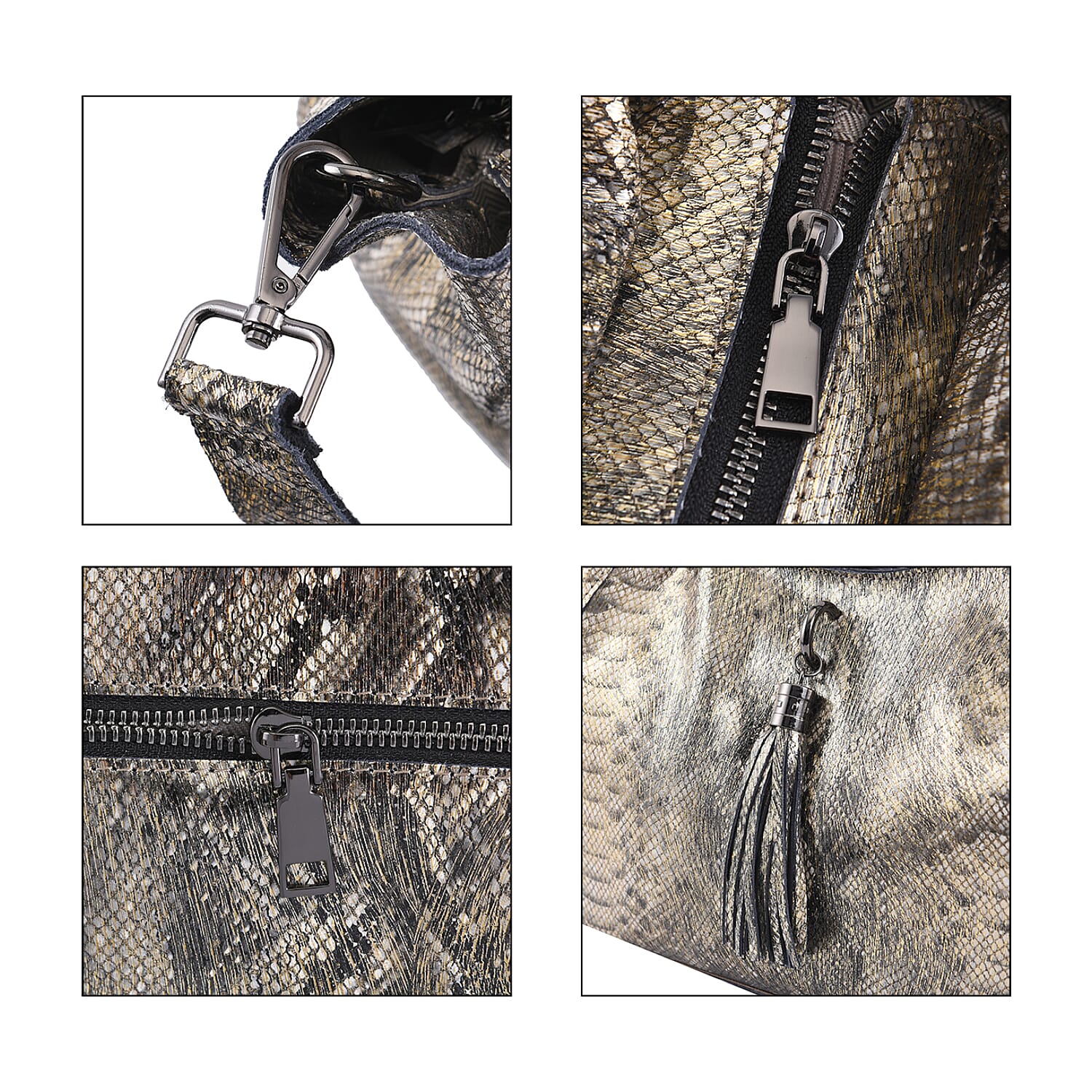 Gold and Black Snake Print Genuine Leather Hobo Bag with Detachable Shoulder Strap and Handle Drop