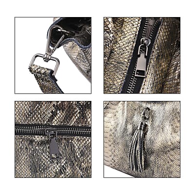 Gold and Black Snake Print Genuine Leather Hobo Bag with Detachable Shoulder Strap and Handle Drop