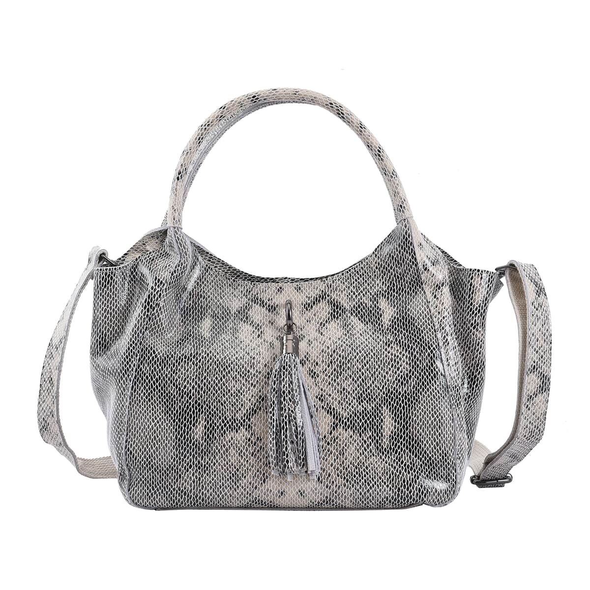 Gray Snake Print Genuine Leather Hobo Bag with Detachable Shoulder Strap and Handle Drop image number 0