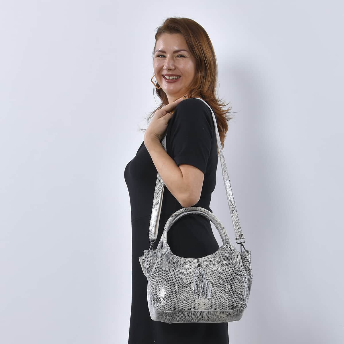 Gray Snake Print Genuine Leather Hobo Bag with Detachable Shoulder Strap and Handle Drop image number 1