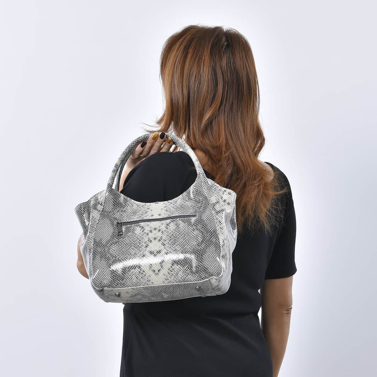Gray Snake Print Genuine Leather Hobo Bag with Detachable Shoulder Strap and Handle Drop image number 2