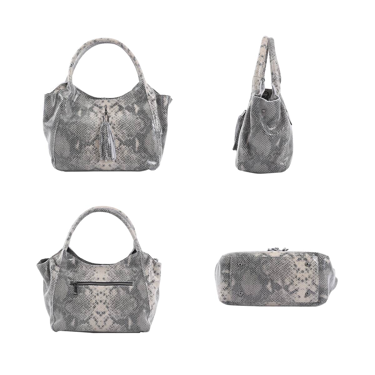 Gray Snake Print Genuine Leather Hobo Bag with Detachable Shoulder Strap and Handle Drop image number 3