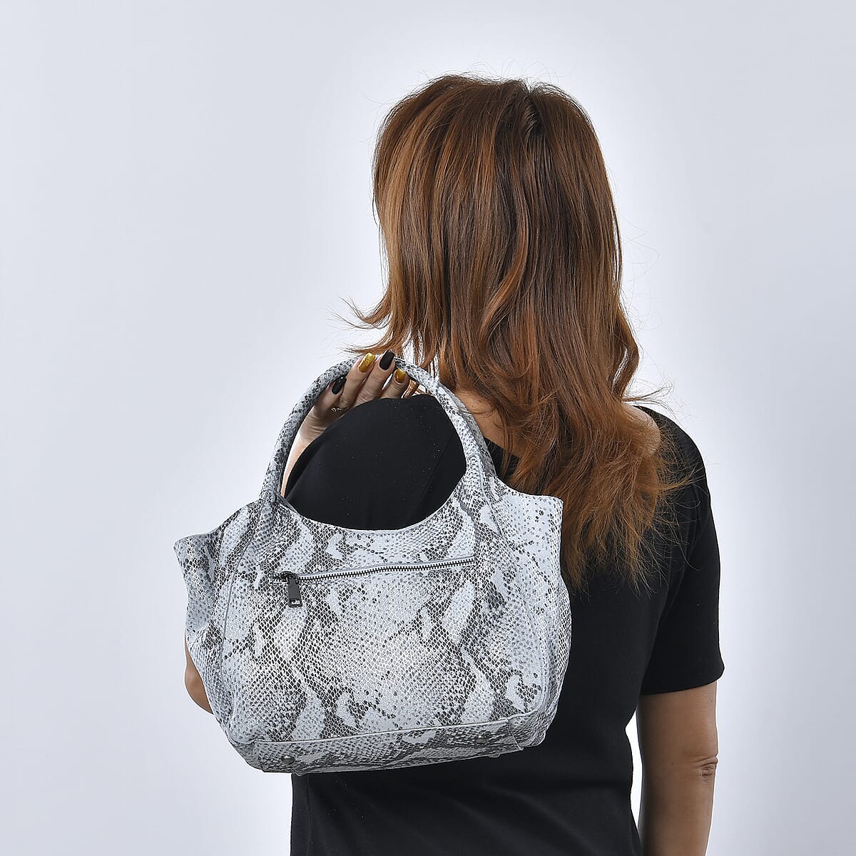 Silver and Black Snake Print Genuine Leather Hobo Bag with Detachable Shoulder Strap and Handle Drop image number 2