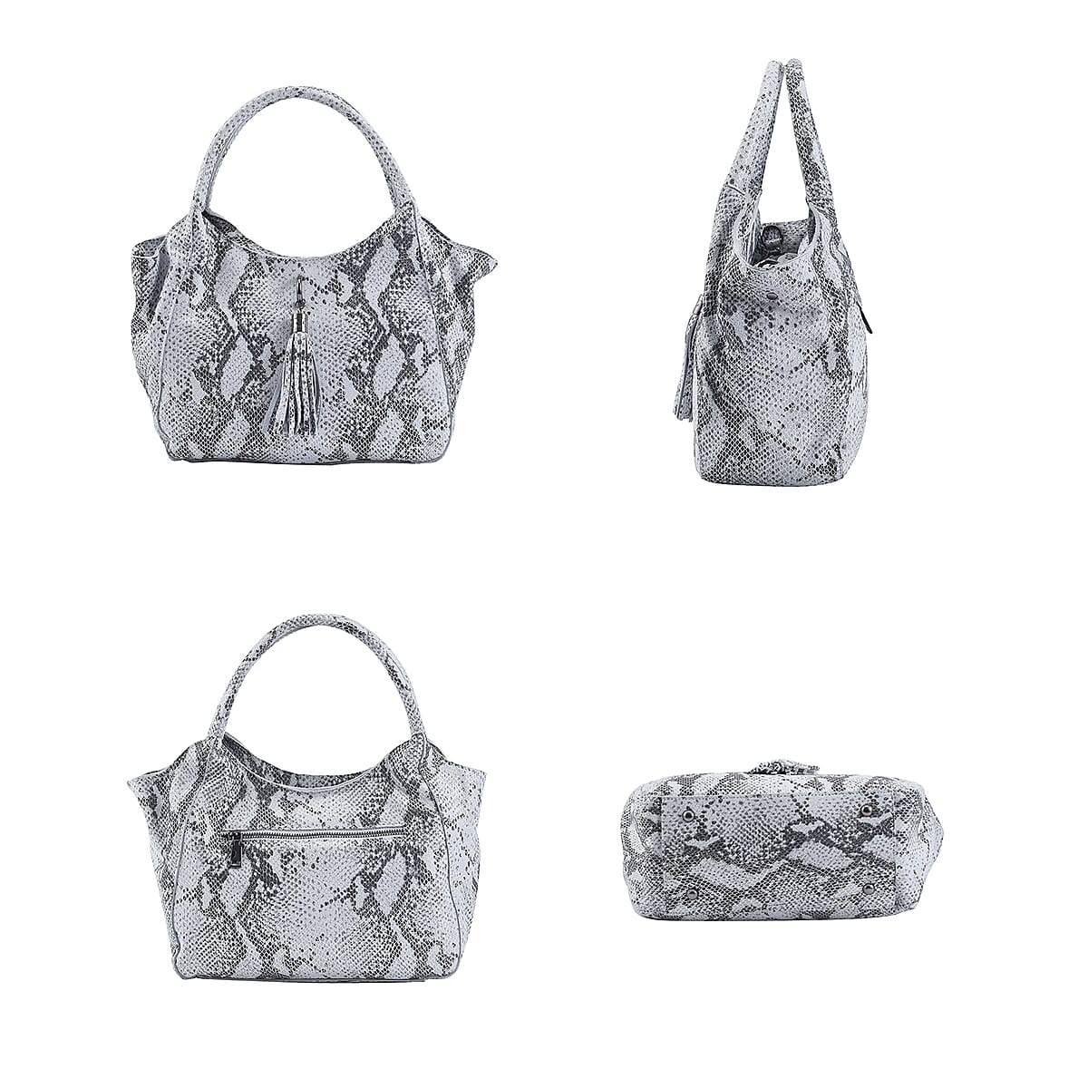 Silver and Black Snake Print Genuine Leather Hobo Bag with Detachable Shoulder Strap and Handle Drop image number 3