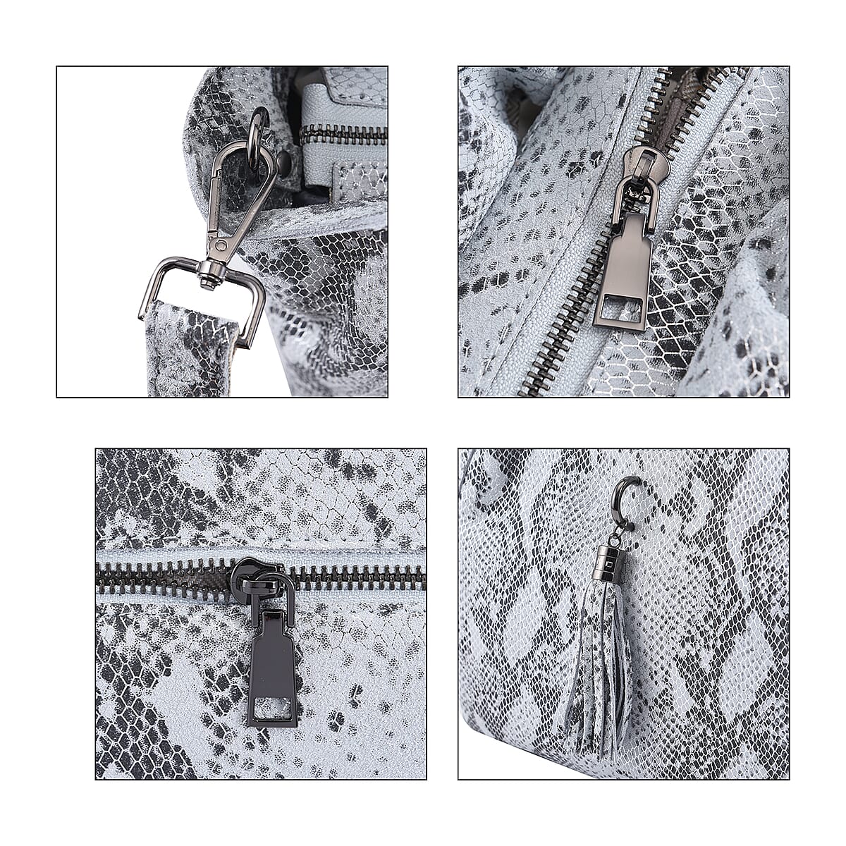 Silver and Black Snake Print Genuine Leather Hobo Bag with Detachable Shoulder Strap and Handle Drop image number 4