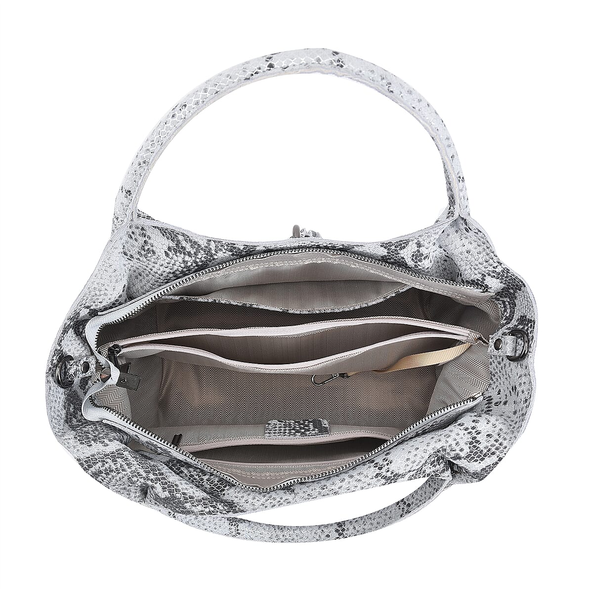 Silver and Black Snake Print Genuine Leather Hobo Bag with Detachable Shoulder Strap and Handle Drop image number 5