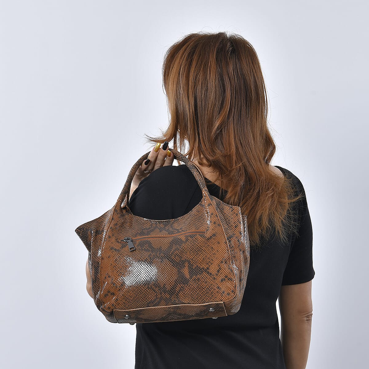 Tan and Black Snake Print Genuine Leather Hobo Bag  with Detachable Shoulder Strap and Handle Drop image number 2