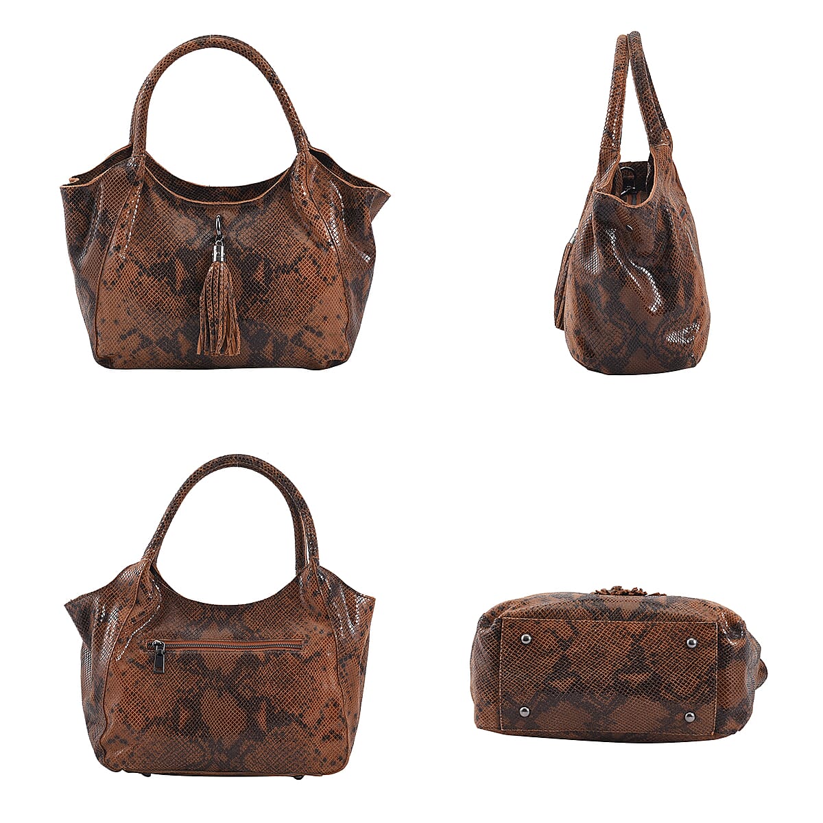 Tan and Black Snake Print Genuine Leather Hobo Bag  with Detachable Shoulder Strap and Handle Drop image number 3