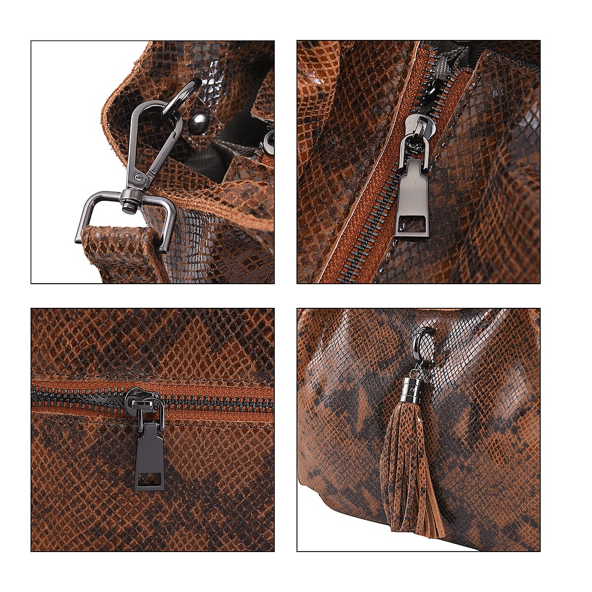 Tan and Black Snake Print Genuine Leather Hobo Bag  with Detachable Shoulder Strap and Handle Drop image number 4