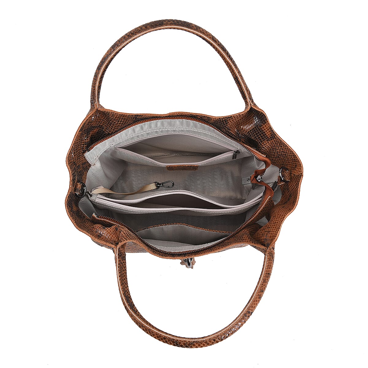 Tan and Black Snake Print Genuine Leather Hobo Bag  with Detachable Shoulder Strap and Handle Drop image number 5