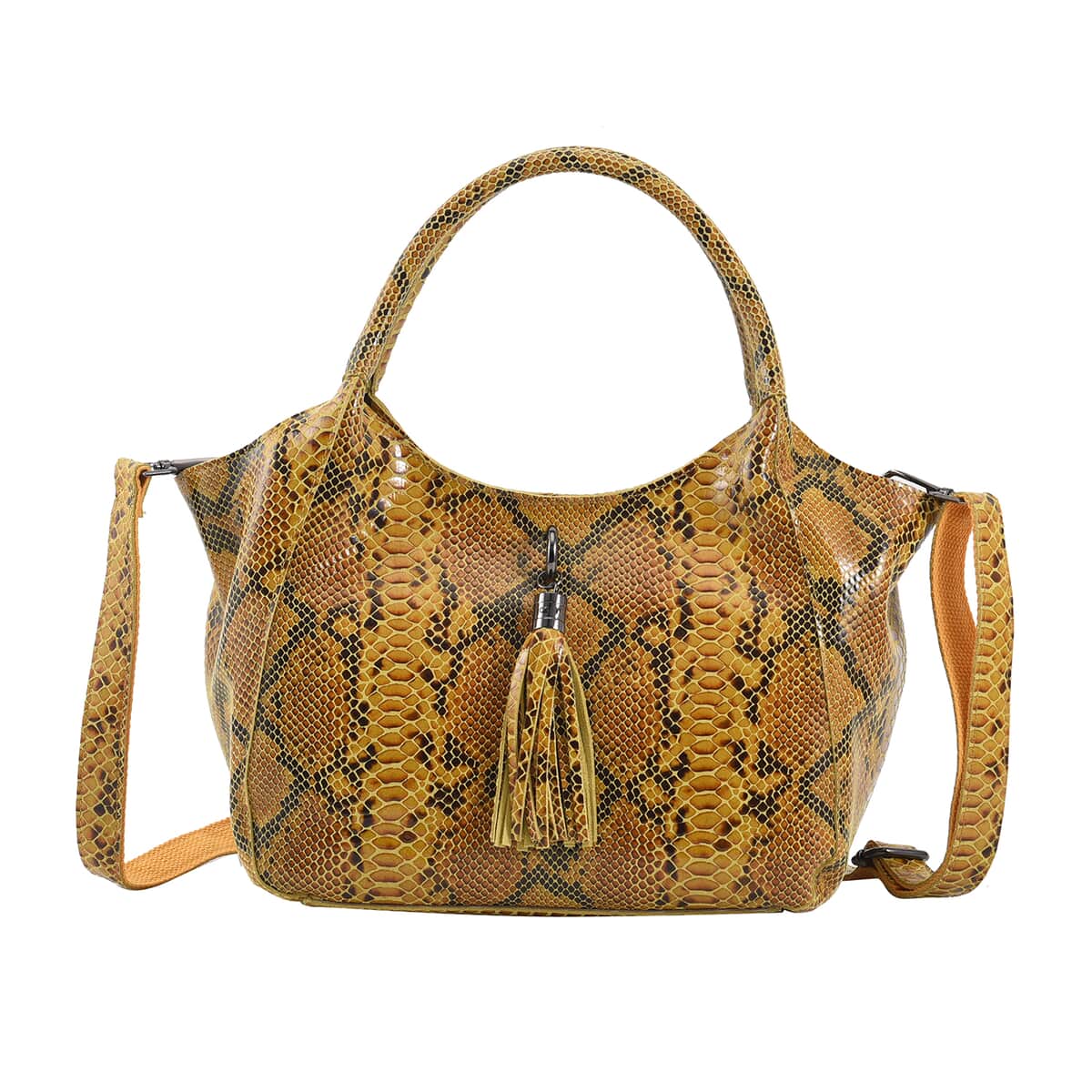 Yellow and Black Snake Print Genuine Leather Hobo Bag  with Detachable Shoulder Strap and Handle Drop image number 0