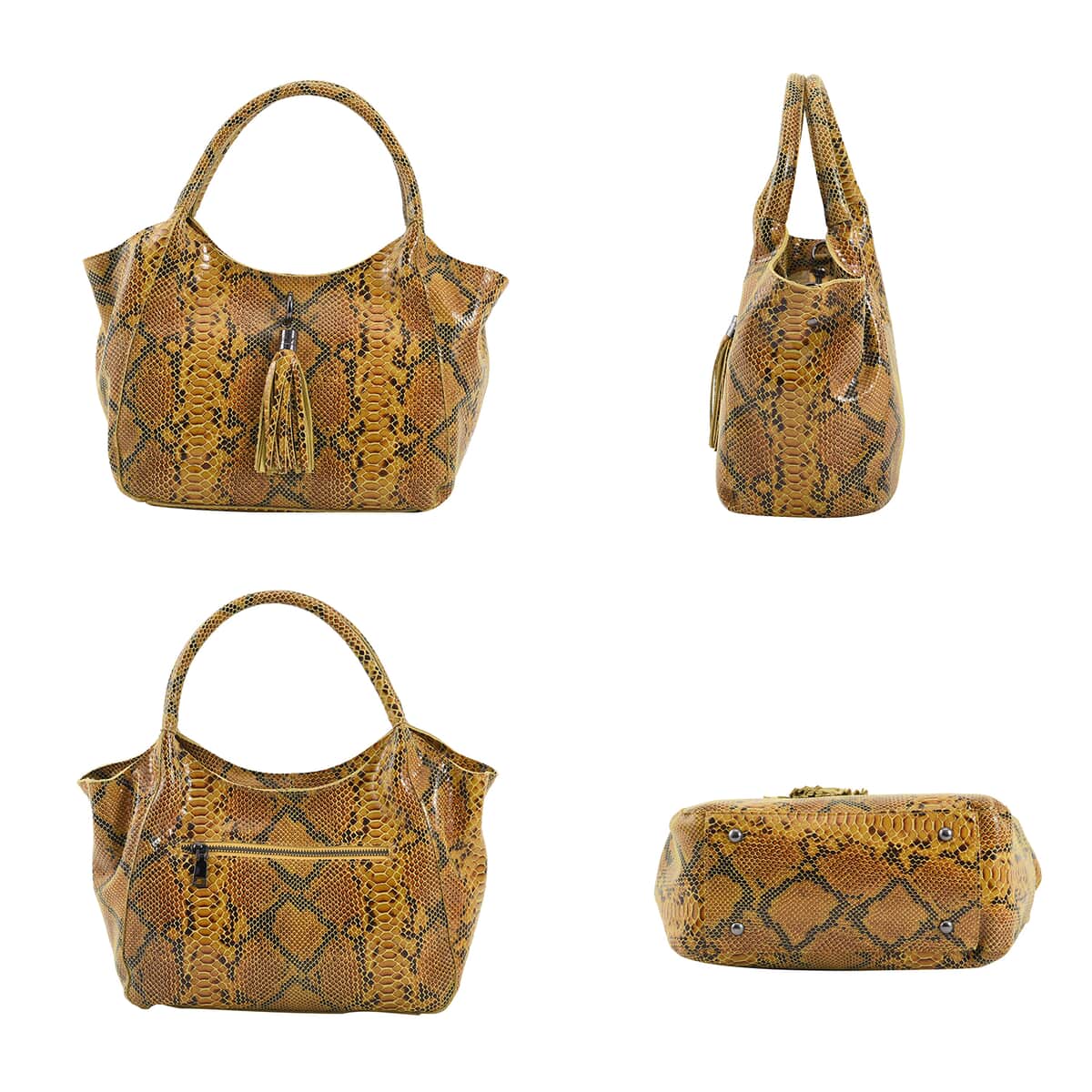 Yellow and Black Snake Print Genuine Leather Hobo Bag  with Detachable Shoulder Strap and Handle Drop image number 2