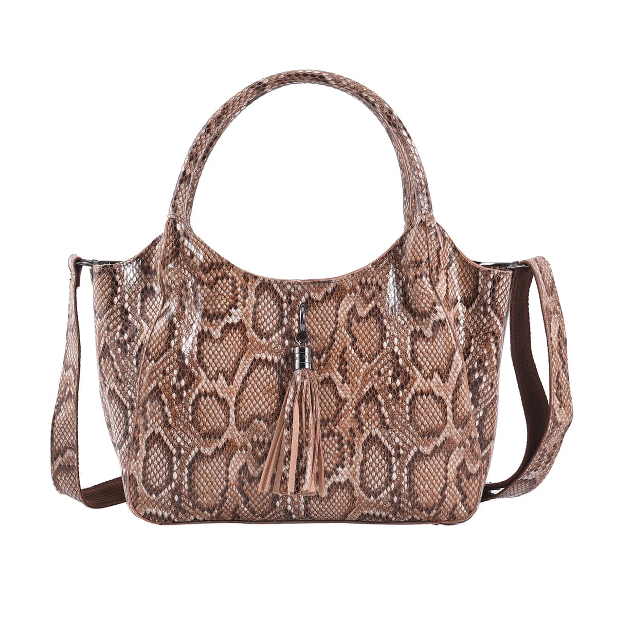 Khaki and Black Snake Print Genuine Leather Hobo Bag with Detachable Shoulder Strap and Handle Drop image number 0