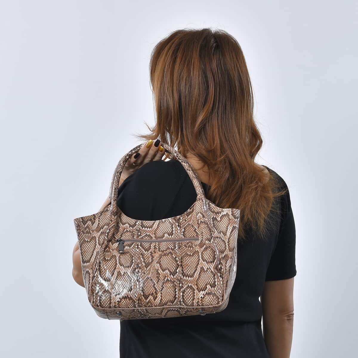 Khaki and Black Snake Print Genuine Leather Hobo Bag with Detachable Shoulder Strap and Handle Drop image number 2