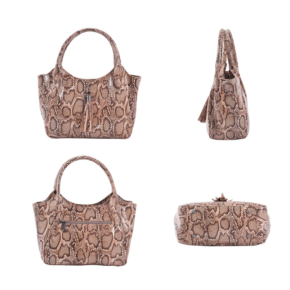 Khaki and Black Snake Print Genuine Leather Hobo Bag with Detachable Shoulder Strap and Handle Drop image number 3