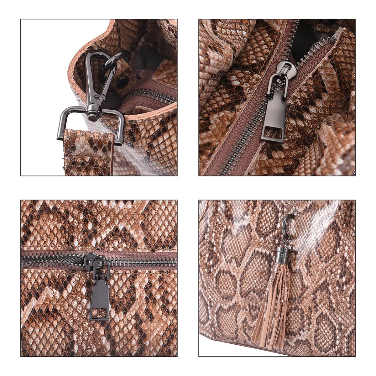 Khaki and Black Snake Print Genuine Leather Hobo Bag with Detachable Shoulder Strap and Handle Drop image number 4