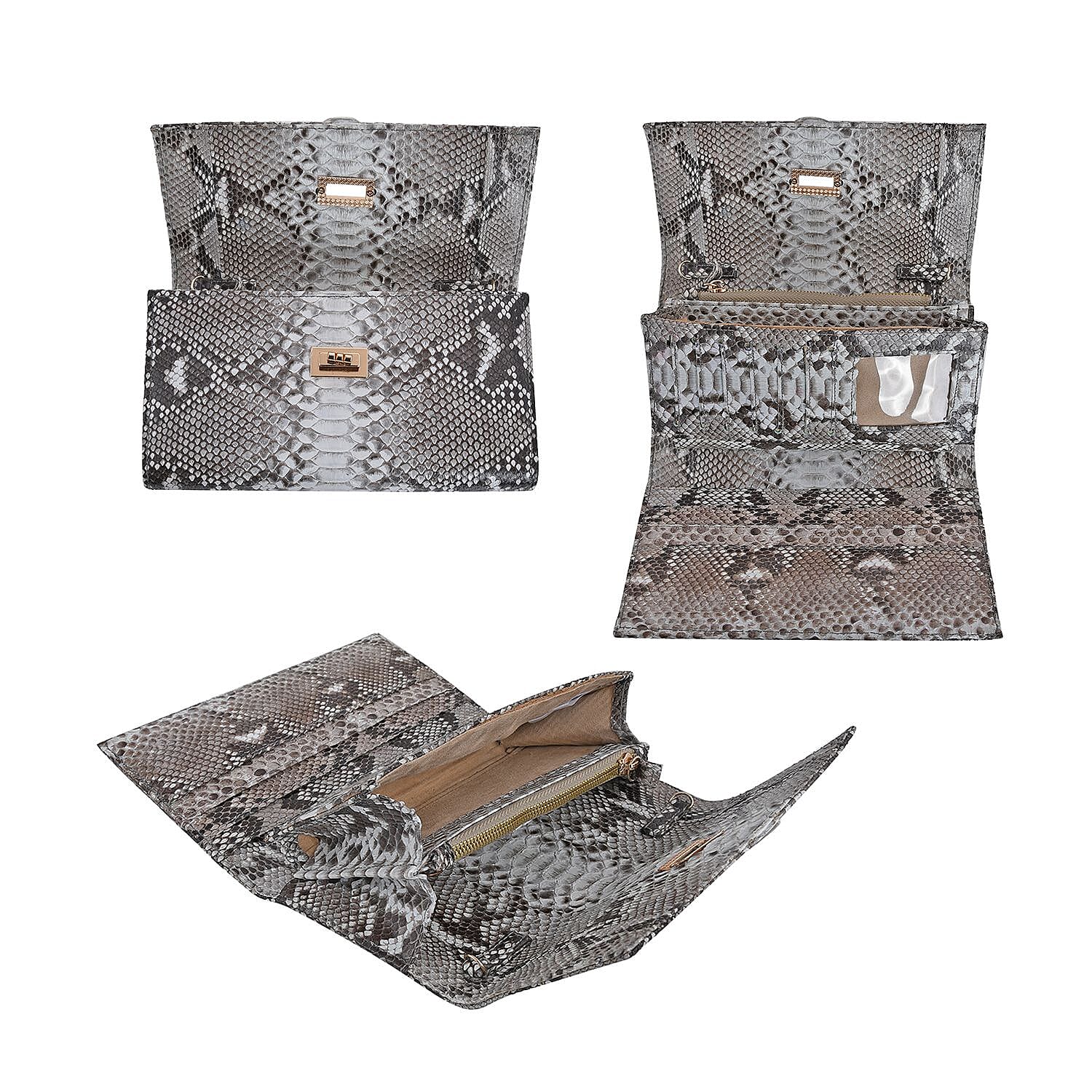 Doorbuster TLV Grand Pelle Handmade 100% Genuine Python Leather Natural Color Crossbody Wallet (7.90"x4.30"x1.60") with Adjustable Shoulder Strap