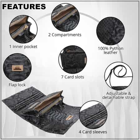 Grand Pelle Handmade 100% Genuine Python Leather Black Crossbody Wallet with Adjustable Shoulder Strap image number 2