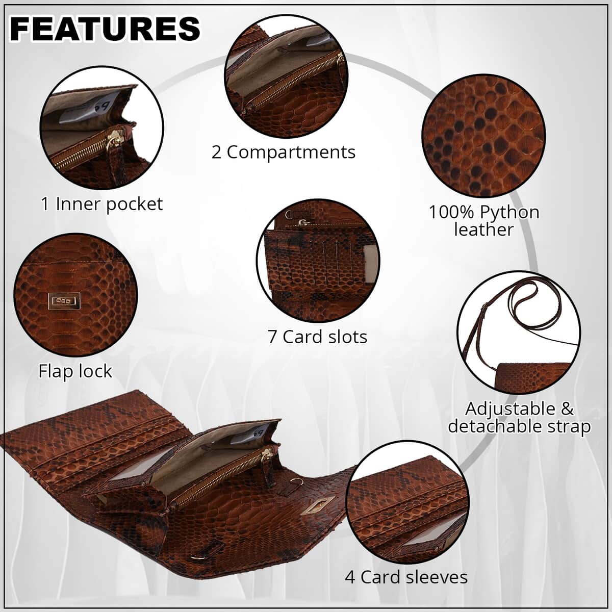 Grand Pelle Handmade 100% Genuine Python Leather Brown Crossbody Wallet with Adjustable Shoulder Strap image number 2