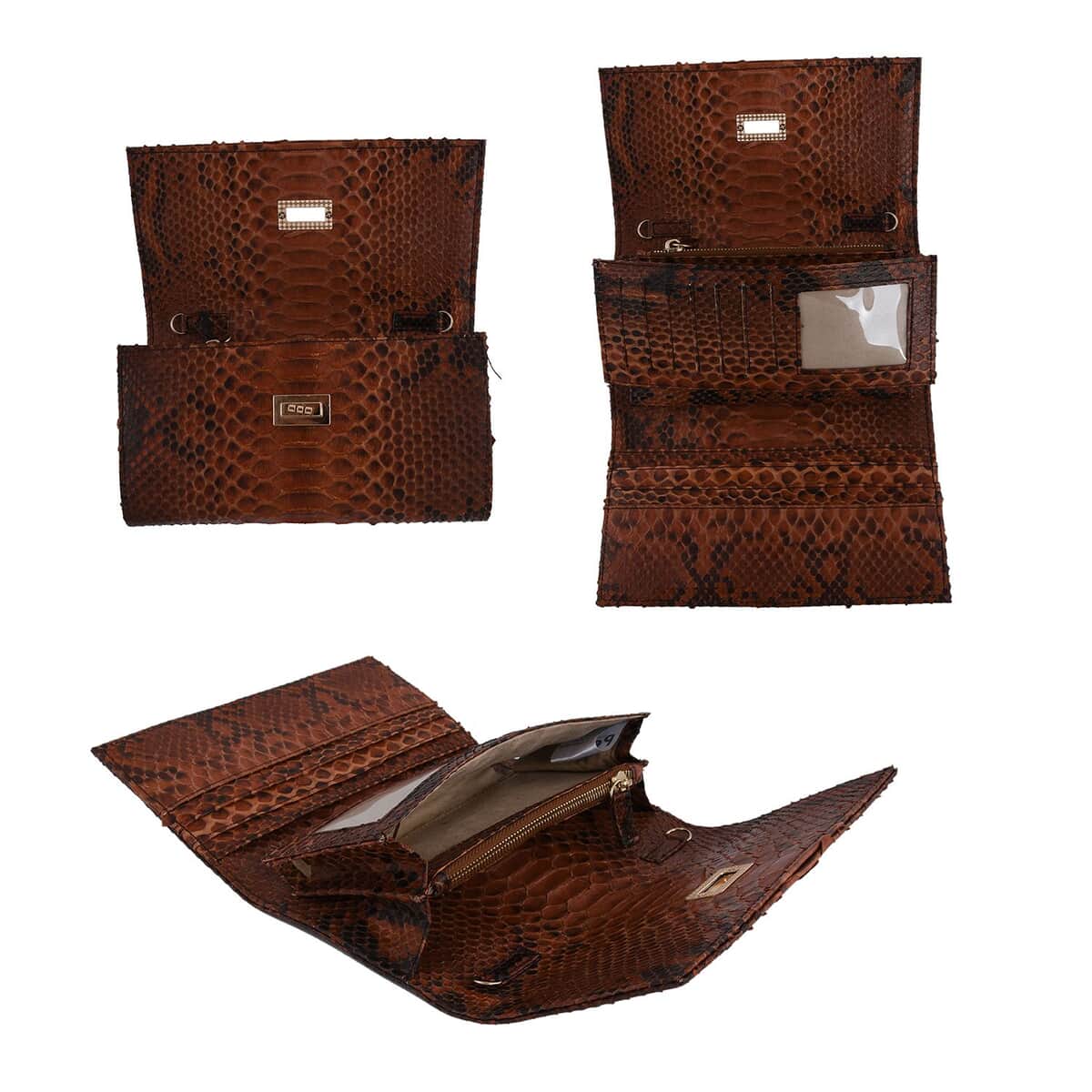 Grand Pelle Handmade 100% Genuine Python Leather Brown Crossbody Wallet with Adjustable Shoulder Strap image number 4