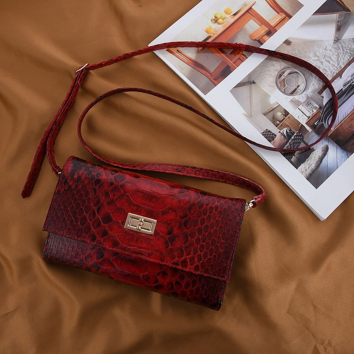 Grand Pelle Handmade 100% Genuine Python Leather Dark Red Crossbody Wallet with Adjustable Shoulder Strap image number 1