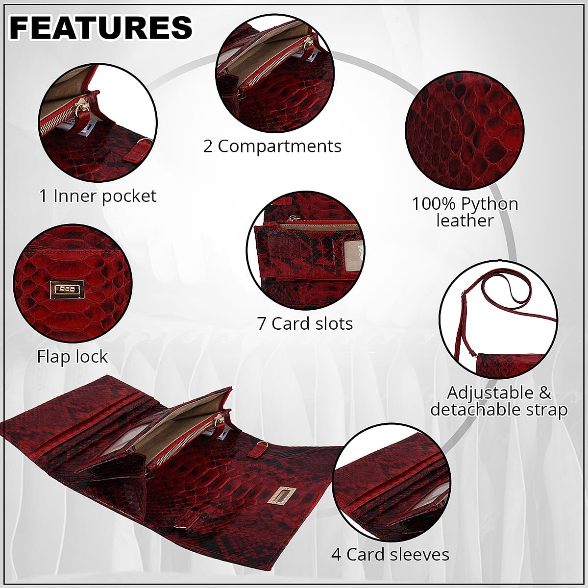 Grand Pelle Handmade 100% Genuine Python Leather Dark Red Crossbody Wallet with Adjustable Shoulder Strap image number 2