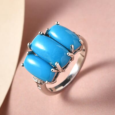 Sleeping Beauty Turquoise and Diamond 3 Stone Ring in Platinum Over Sterling Silver (Size 10.0) 4.85 ctw