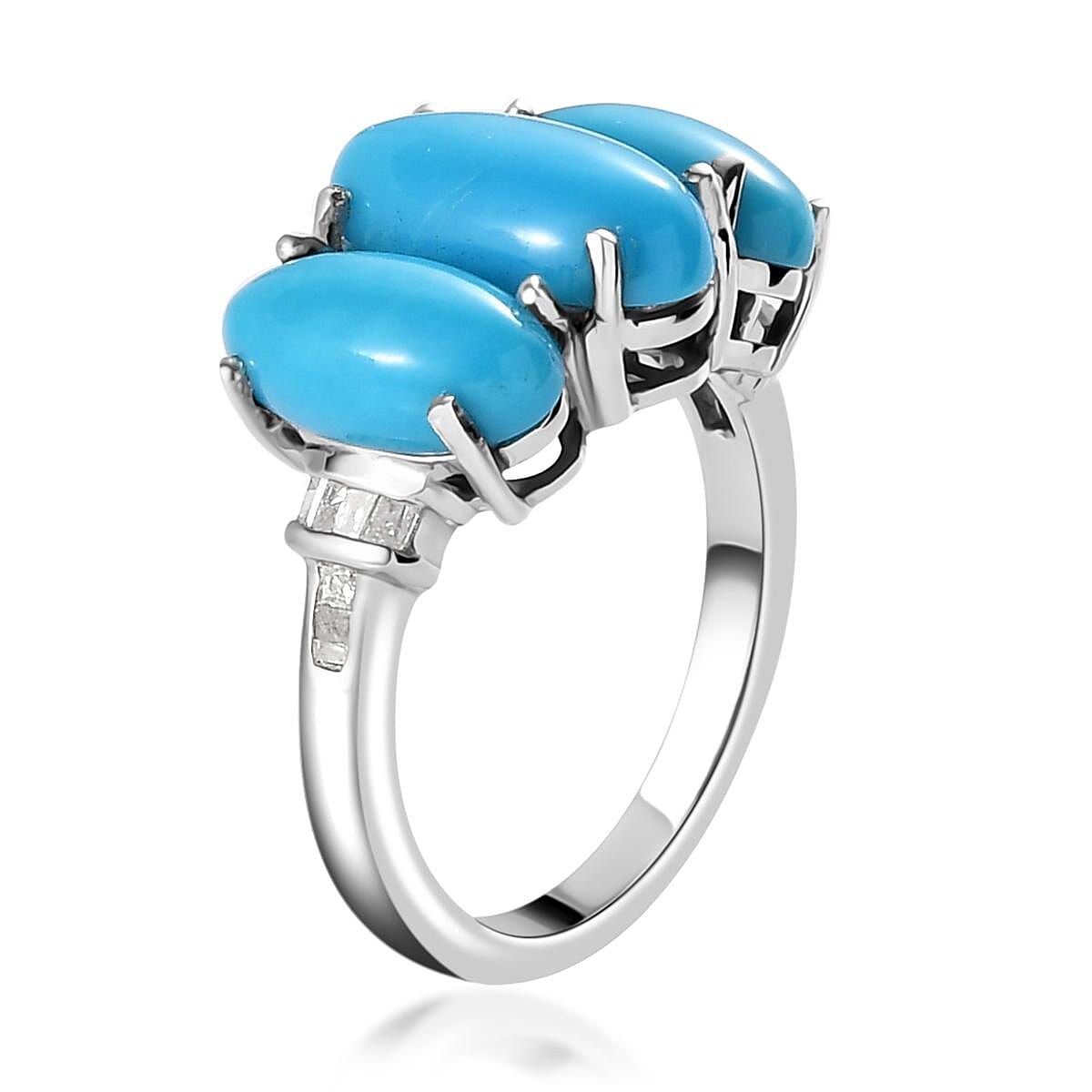 Sleeping Beauty Turquoise and Diamond 3 Stone Ring in Platinum Over Sterling Silver (Size 10.0) 4.85 ctw